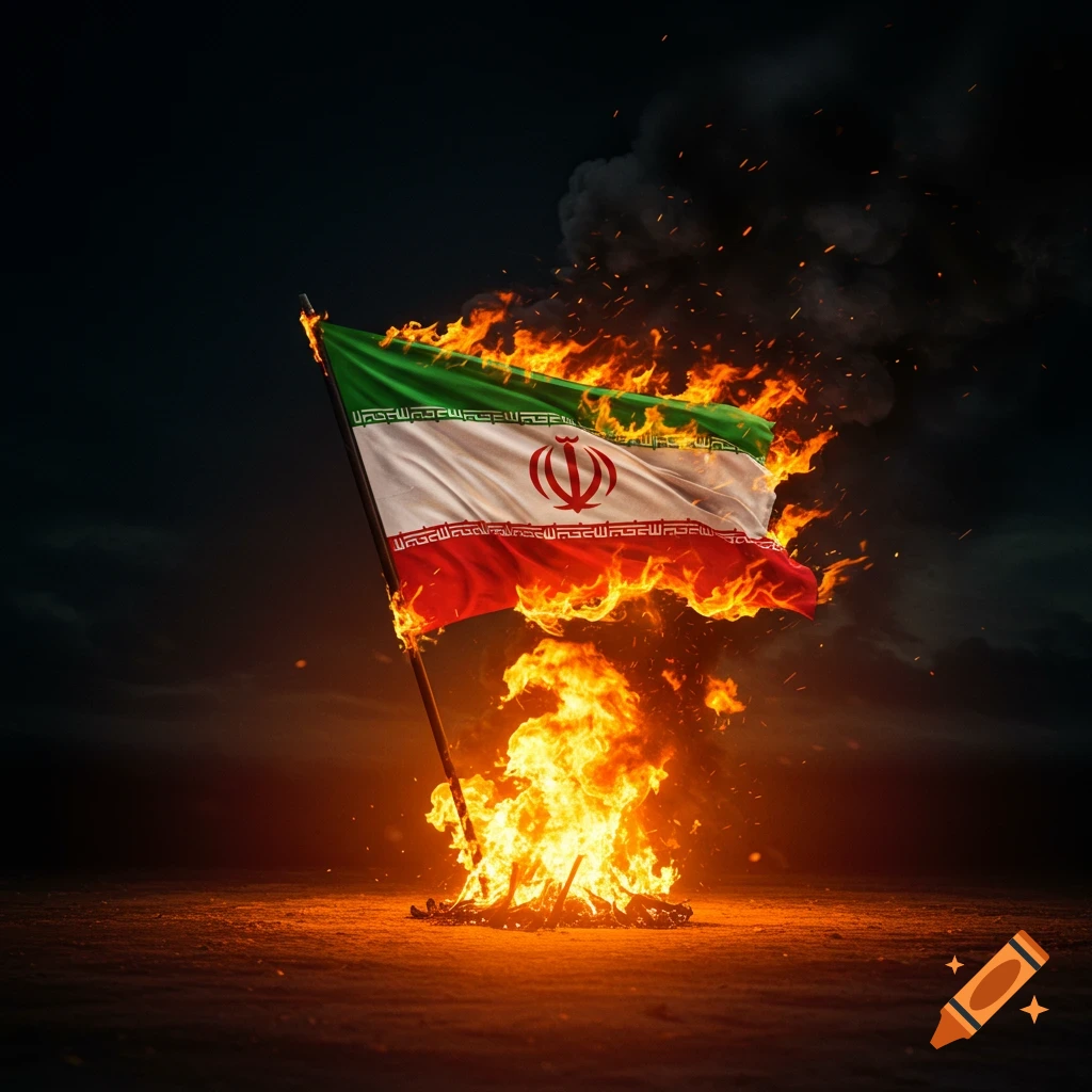 A burning Iranian flag on a pole, with intense flames rising from its base and dark smoke, against a dark sky in a photorealistic style.