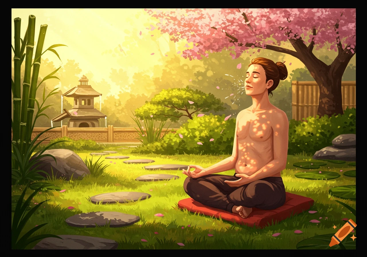 A man meditates bare-chested on a red cushion in a vibrant Japanese garden with cherry blossoms, bamboo, and a pagoda under a sunny sky.