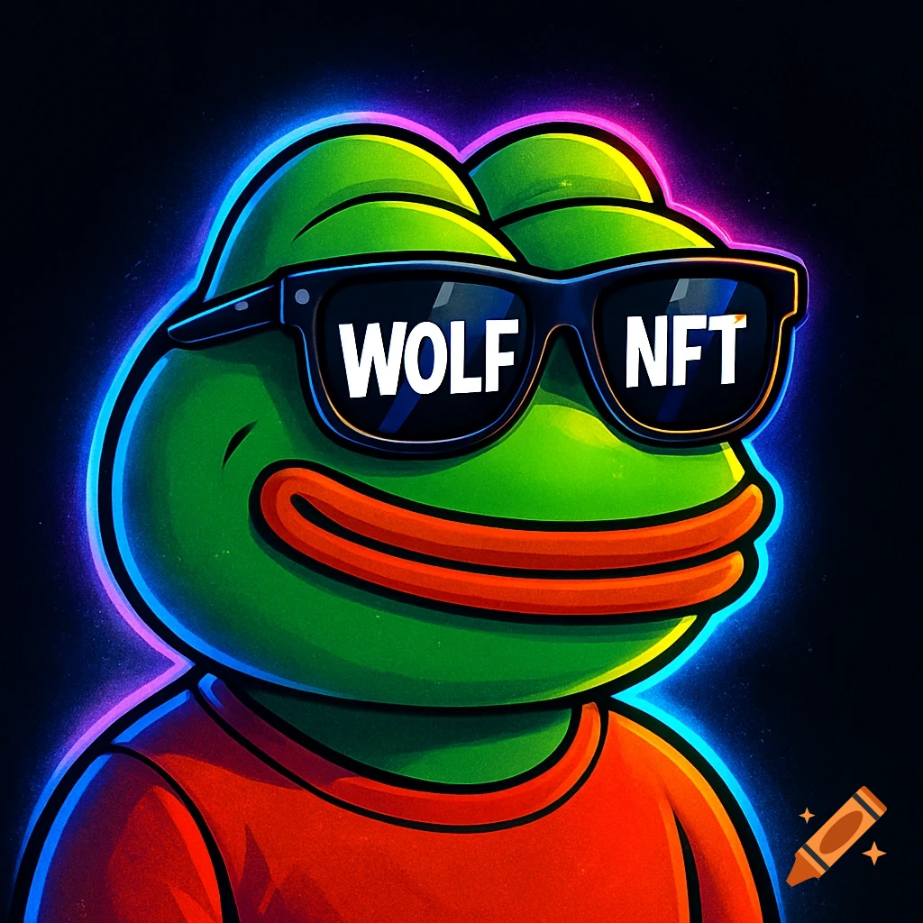 Cartoon Pepe the frog wearing sunglasses with 'WOLF NFT' text, glowing neon against a dark background.