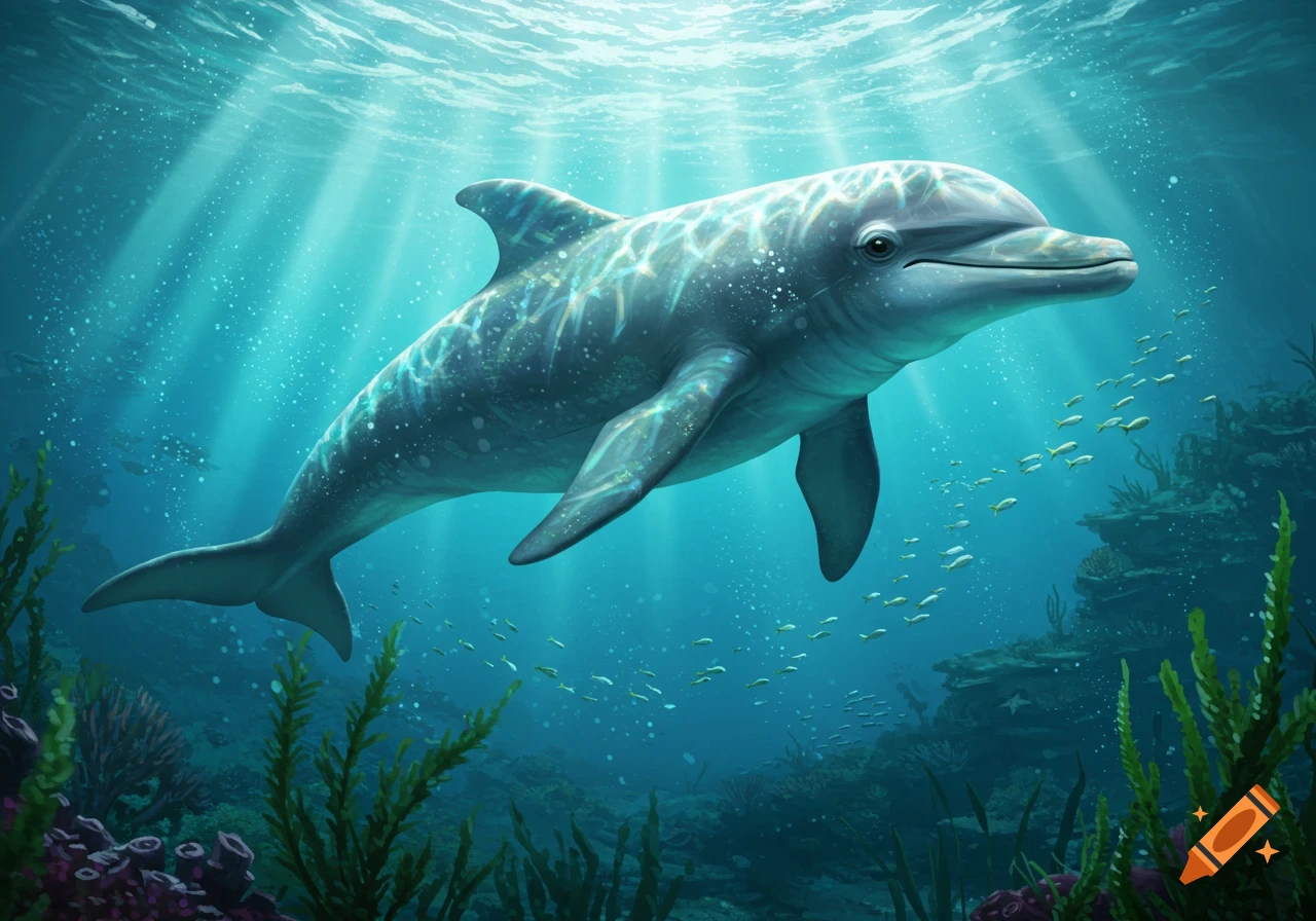 Illustration of a dolphin swimming in clear blue ocean water with sunrays, coral, and small fish.