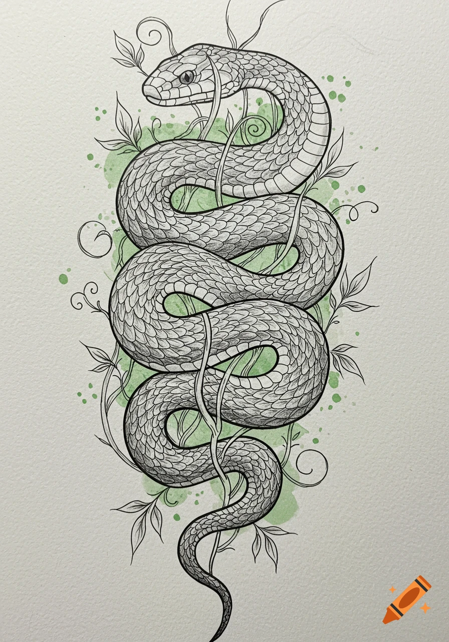 A stylized black and white drawing of a snake coiled vertically, with green watercolor splashes and delicate vines surrounding it on textured paper.