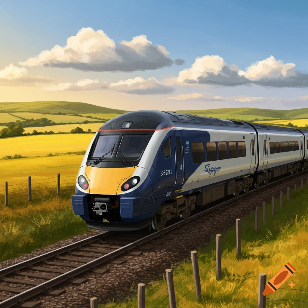 An illustrated blue and white Class 221 Super Voyager train on tracks, speeding through a green and yellow rural landscape under a blue sky with white clouds.