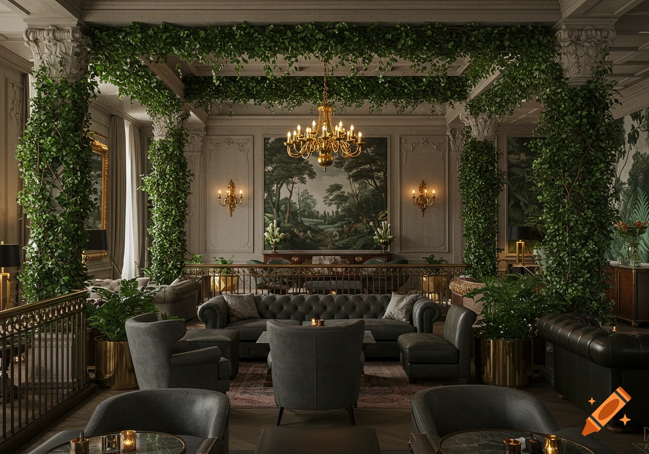 An opulent, nature-themed lounge with dark green plants cascading from the ceiling, elegant gray and olive sofas, chandeliers, and classical decor.