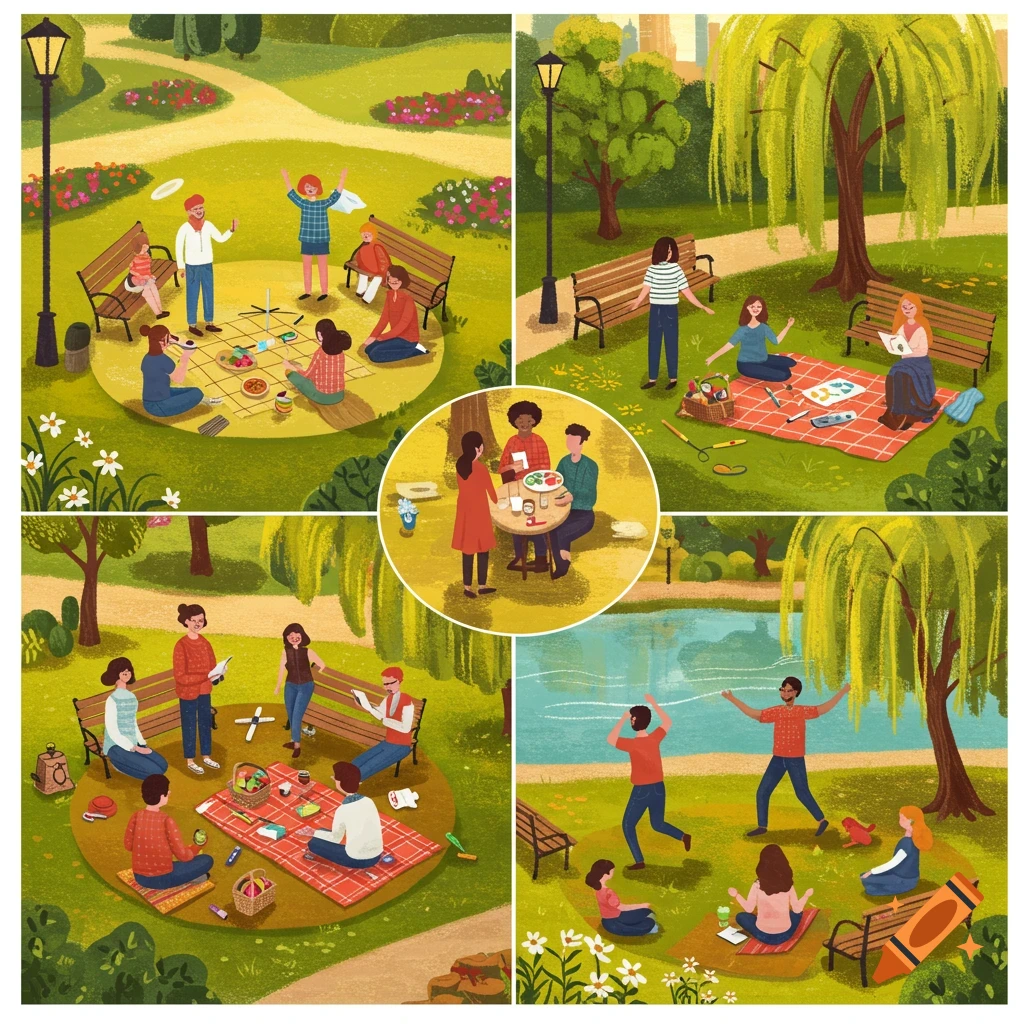Illustrative depiction of five groups of diverse people enjoying various activities in a lush green park.