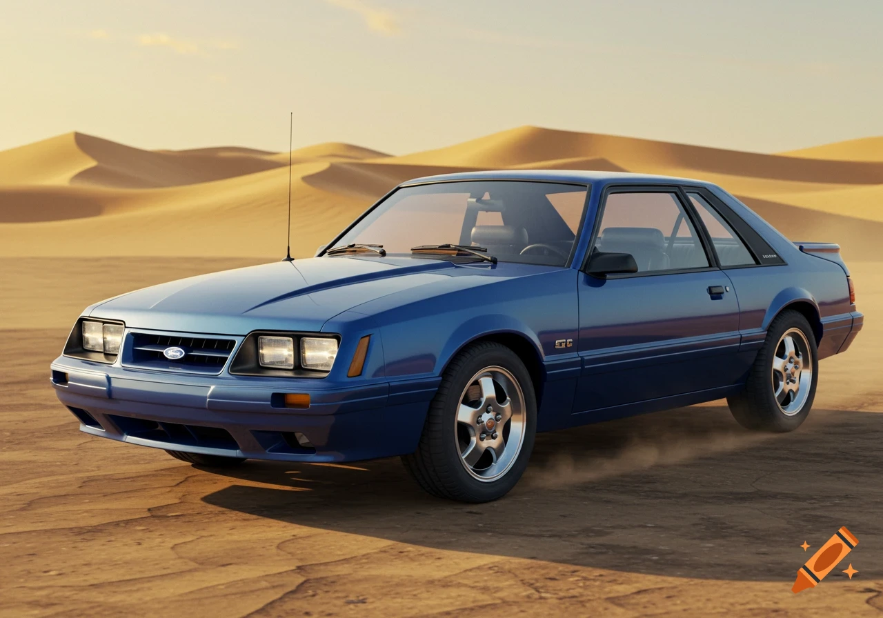 A blue 1986 Ford Mustang GT drives through a sandy desert at sunset.