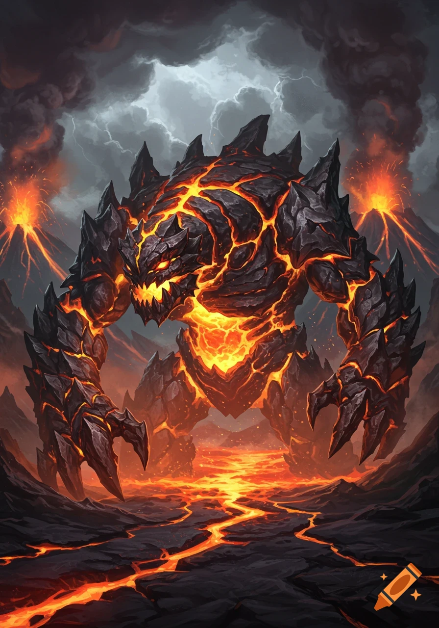A formidable lava monster with glowing orange cracks and sharp claws stands in a volcanic landscape under stormy skies.