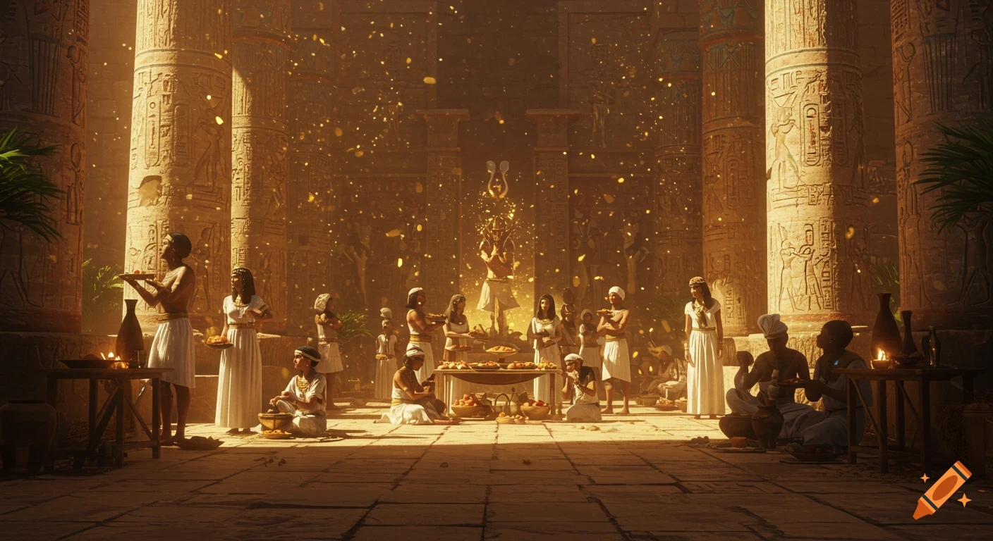 A dramatic photorealistic scene inside an ancient Egyptian temple with people in white clothing performing a ceremony amidst golden particles.