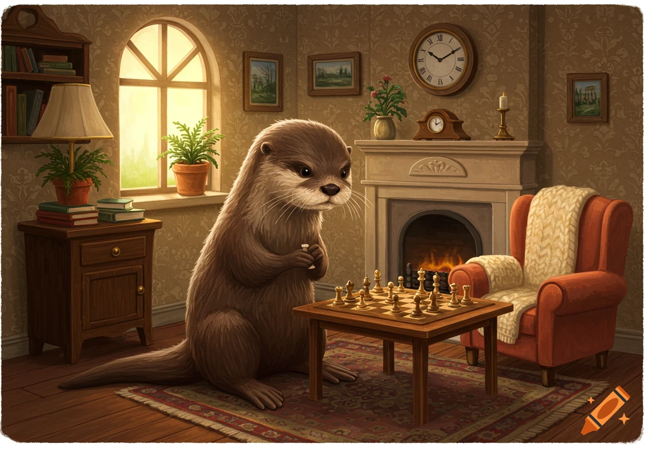 A painted otter plays chess in a cozy living room with a fireplace and sunlit window.