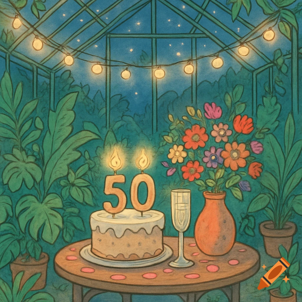 Illustrated birthday scene in a greenhouse at night, featuring a cake with '50' candles, flowers, champagne, and string lights.