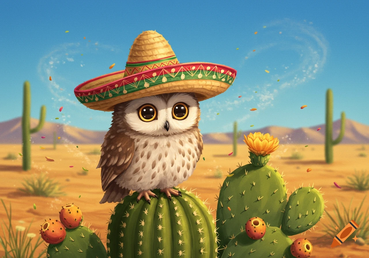 A cute cartoon owl wearing a sombrero sits on a cactus in a sunny desert landscape with mountains.