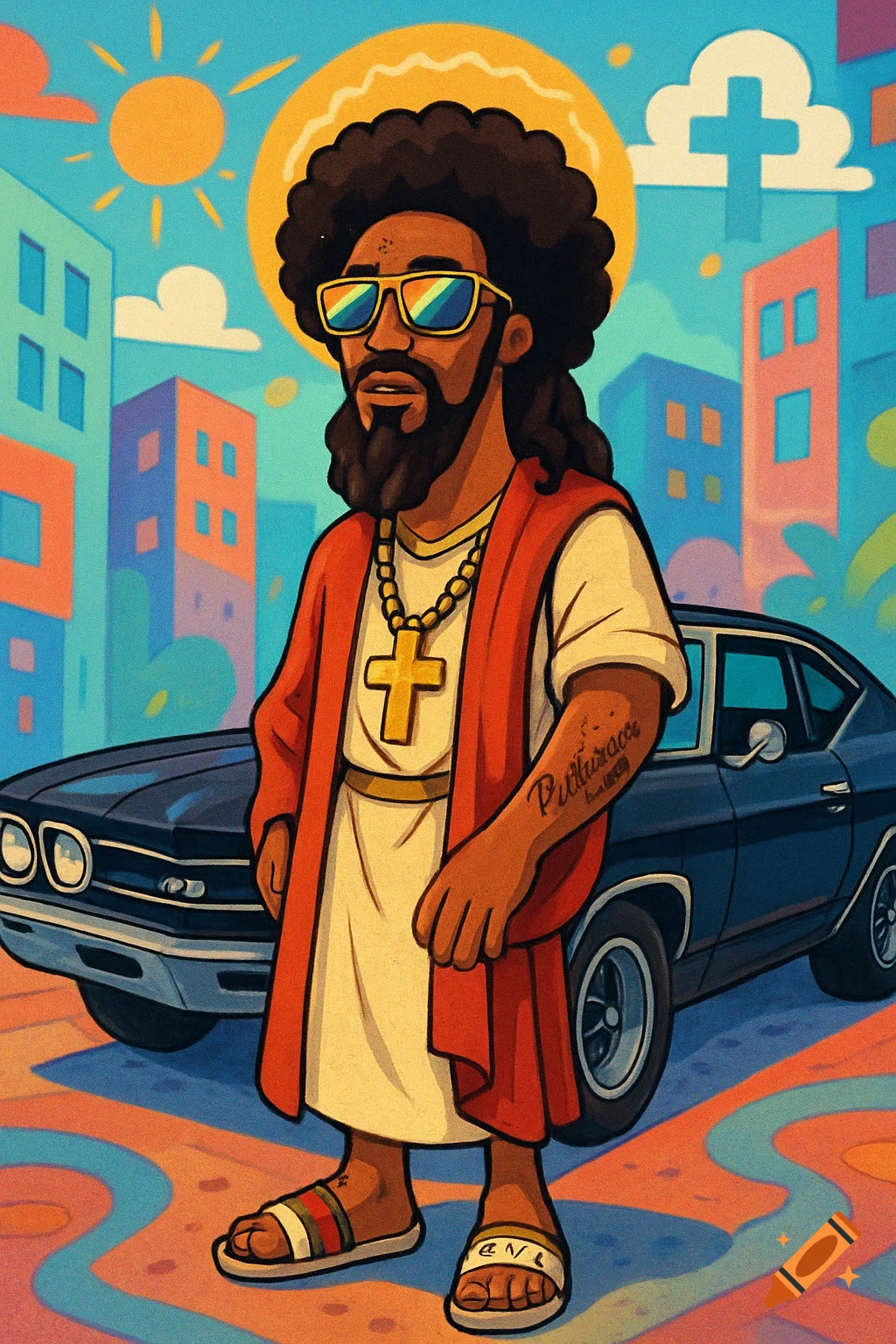Cartoon of a stylish Black Jesus with an Afro, sunglasses, gold cross, and sandals, leaning on a black muscle car in a vibrant urban street.