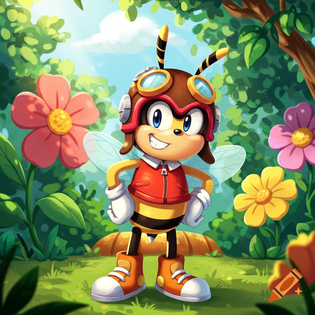 Charmy Bee, a cartoon bee, in a pilot's helmet and red jacket, smirking in a green forest with colorful flowers.
