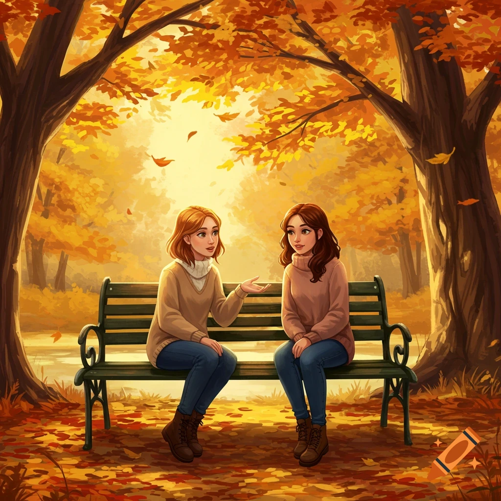 Two young women chat on a green park bench amidst golden autumn trees and fallen leaves, in an illustrative style.
