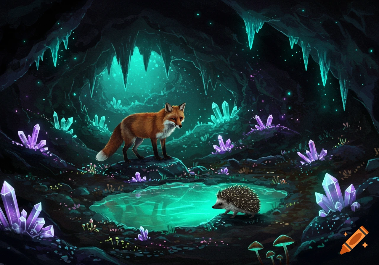 An illustrated fantasy scene of a red fox and hedgehog in an enchanted cave with glowing water and sparkling crystals.