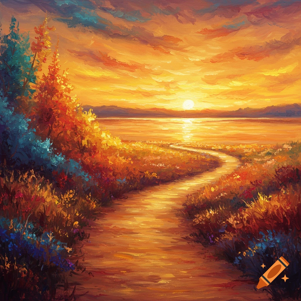 Abstract painting of a winding path leading to a lake at sunset, vibrant warm colors, impressionistic style.