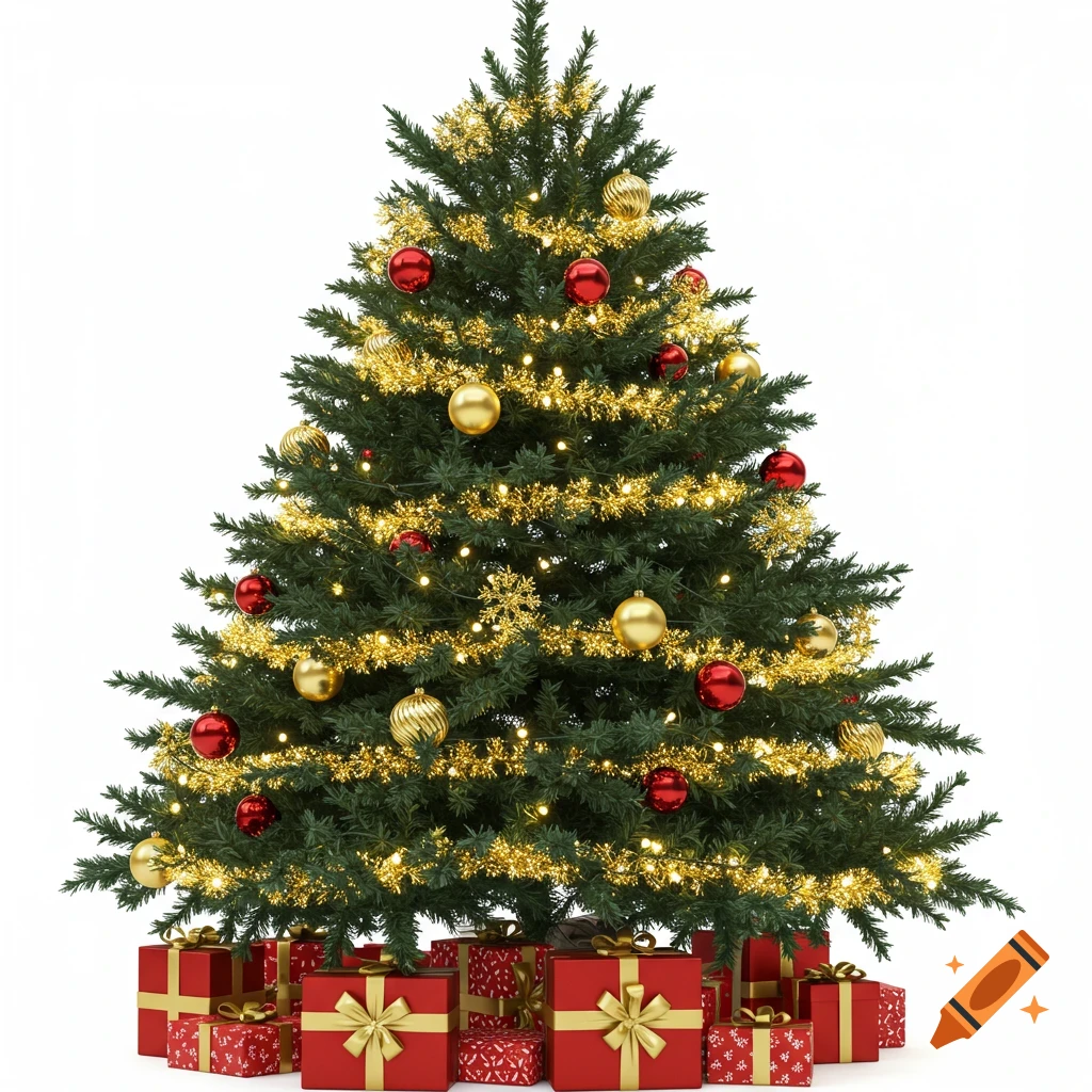 A festive Christmas tree decorated with red and gold ornaments, tinsel, and lights, surrounded by red and gold presents, on a white background.