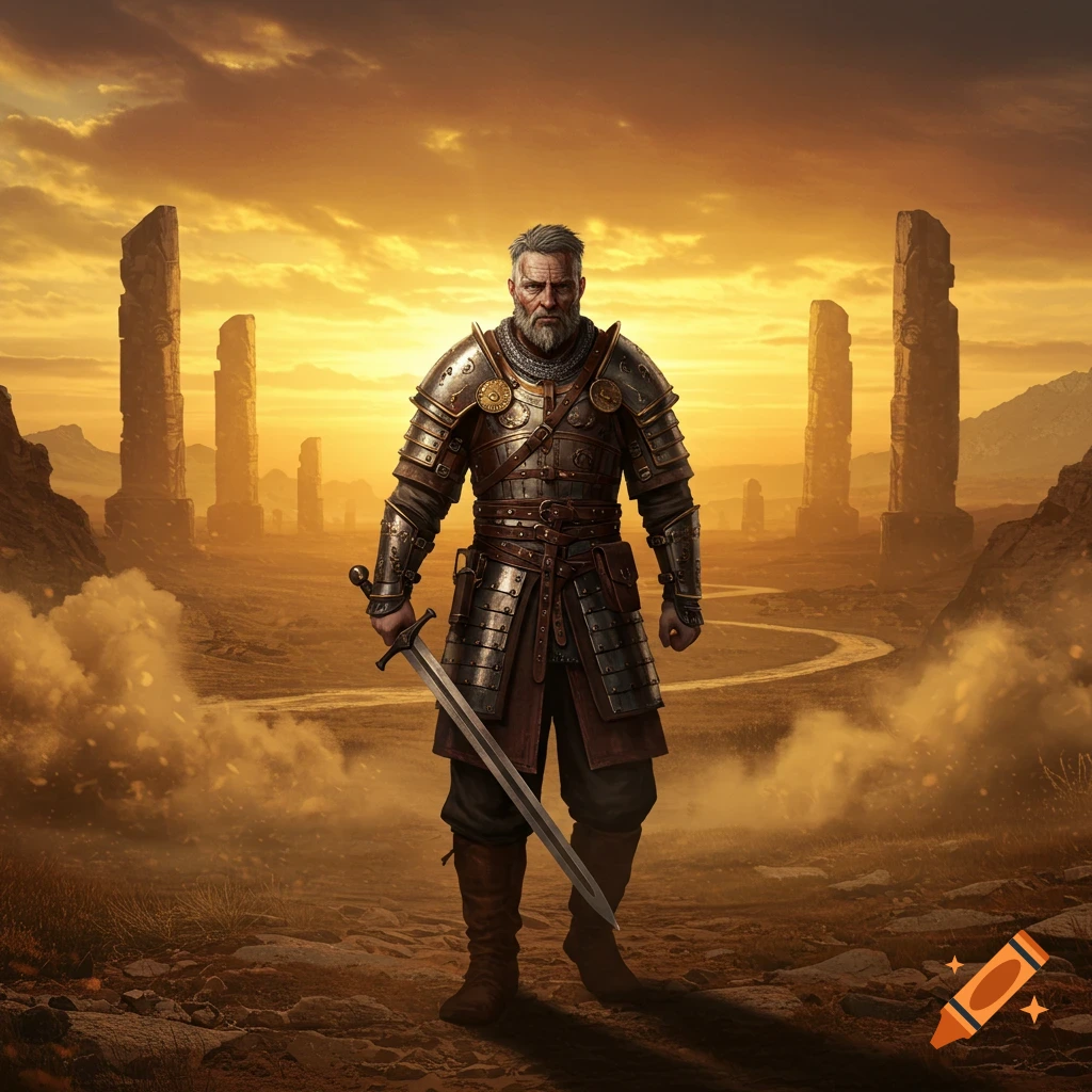 A bearded warrior in detailed armor stands with a sword in a desolate, rocky landscape under a dramatic orange sky with ancient stone pillars.