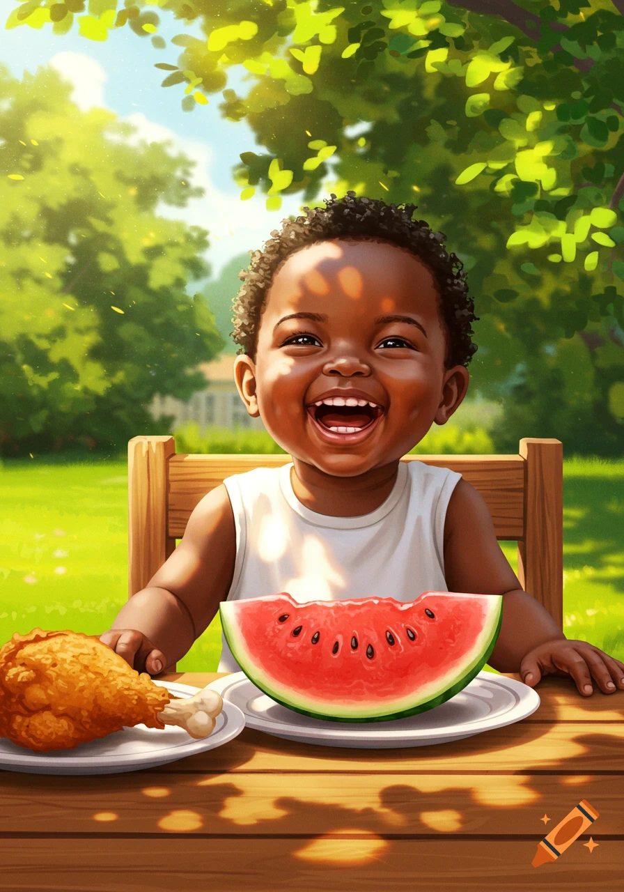 A happy black child sits at a wooden table in a sunny park, laughing with a slice of watermelon and fried chicken.