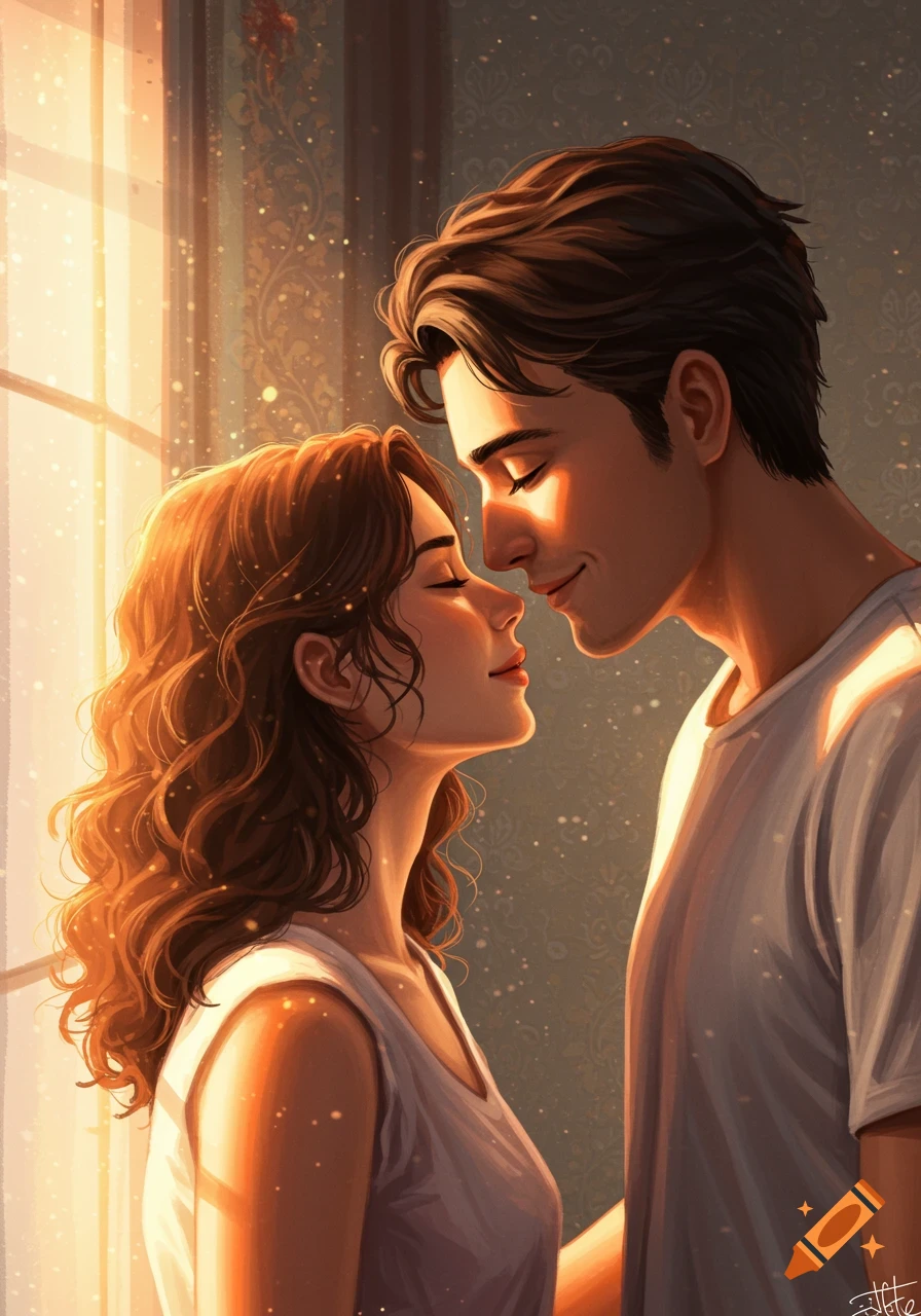 A digitally illustrated couple, a man and woman, with closed eyes, gently touching noses in warm golden light.