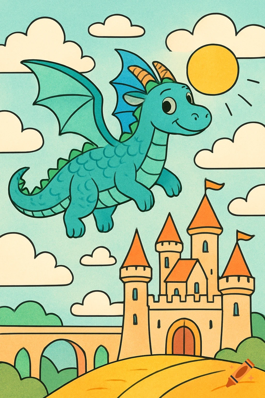 A friendly cartoon dragon with green and blue scales flies over a castle with orange roofs on a sunny day, in a simple children's illustration style.