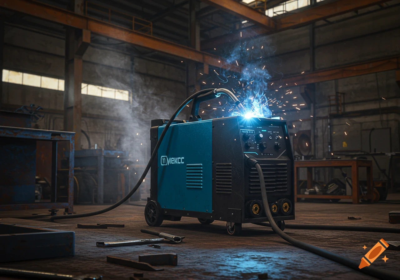 A photorealistic image of a welding machine with bright sparks flying, set in a dimly lit industrial factory.