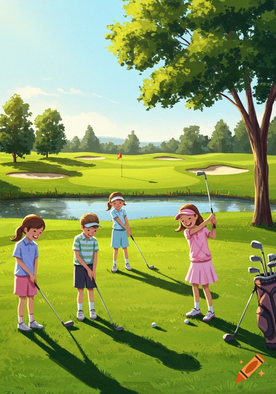 Four illustrated children, three girls and a boy, play golf on a sunny green course with trees, a pond, and sand traps.