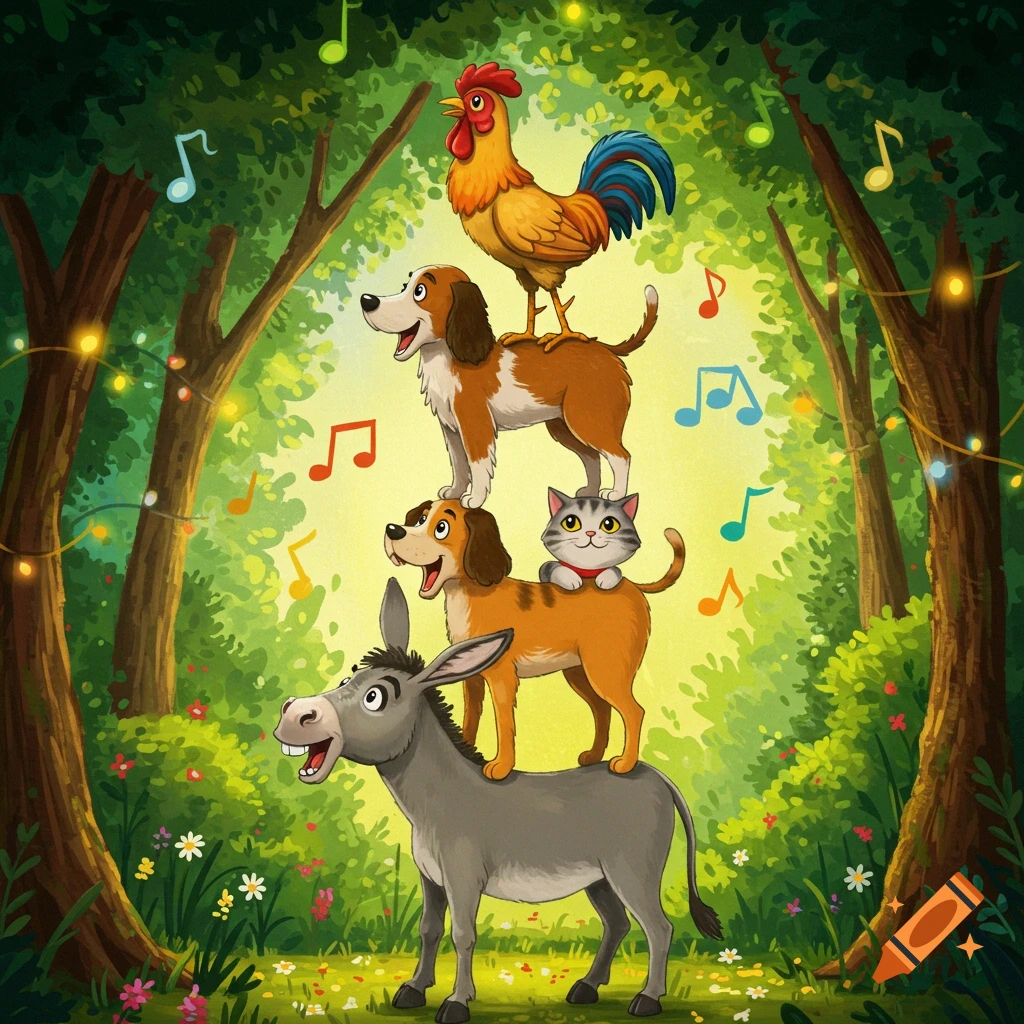 Cartoon illustration of a donkey, two dogs, a cat, and a rooster stacked in a vibrant forest with floating musical notes.