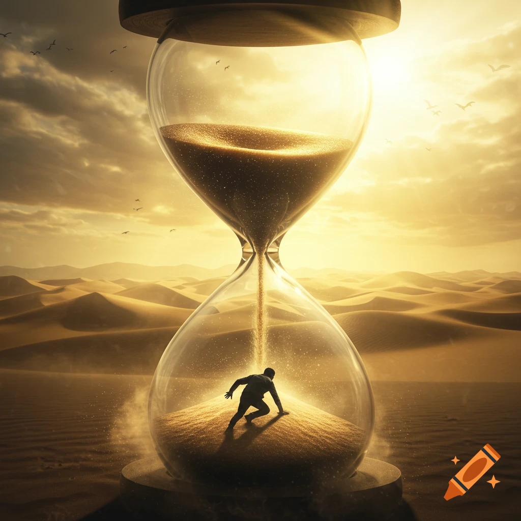 A silhouetted man crawls on sand inside a giant hourglass in a vast desert at sunset, with sand pouring down.