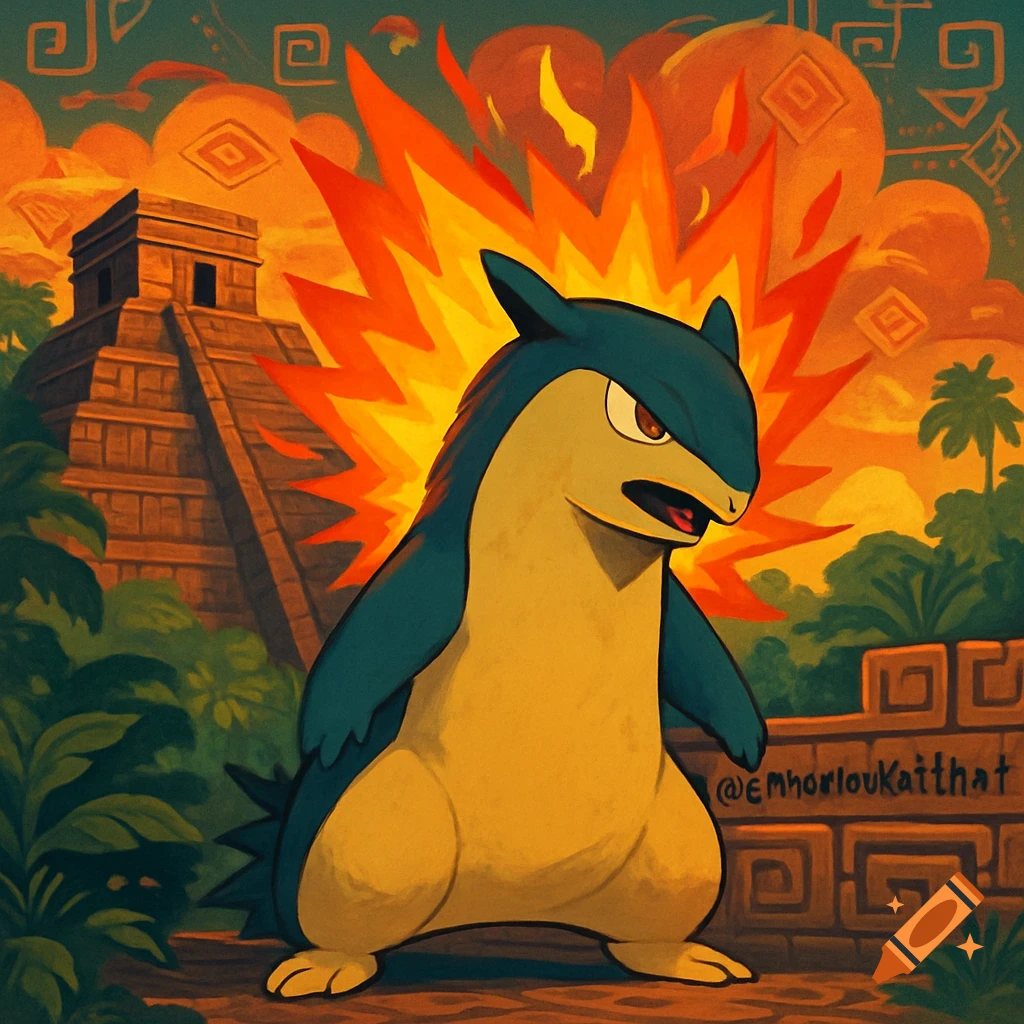 A vibrant painted illustration of a fiery blue and yellow Typhlosion standing in an Aztec jungle scene with a pyramid.