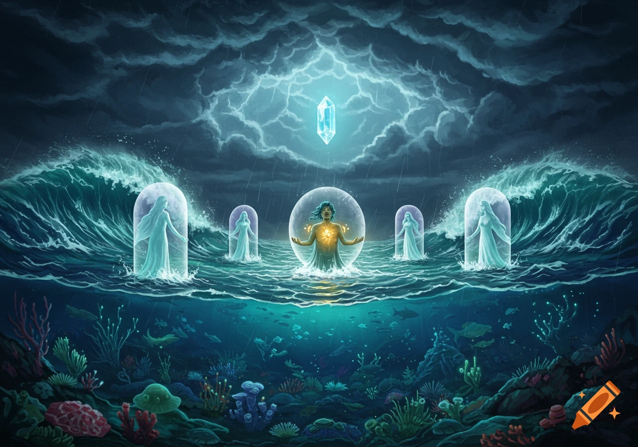A mythical figure with glowing hands stands in a stormy sea, surrounded by ethereal beings. A crystal descends from the sky over a vibrant coral reef.