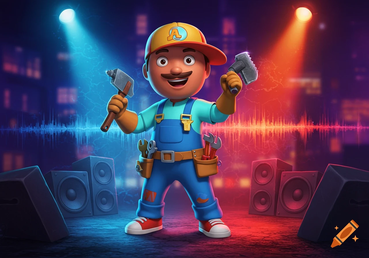 A stylized, muscular cartoon character resembling Handy Manny wears blue overalls, a light blue shirt, orange gloves, and a yellow cap with a red 'A' logo, holding two hammers. He stands on a stage with sound wave patterns, speakers, and spotlights in blue and red.