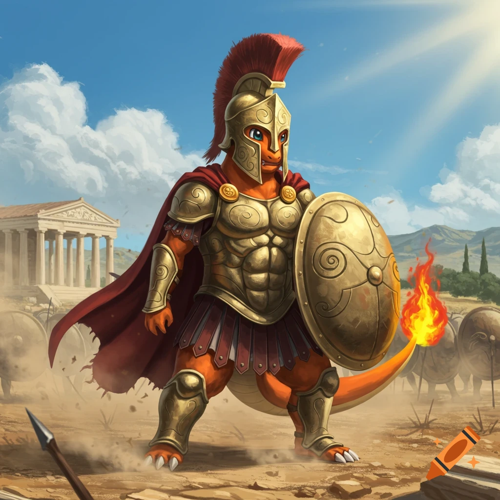 A detailed illustration of a Charmander in full gold and red Spartan armor, holding a shield on an ancient Greek battlefield with ruins in the background.