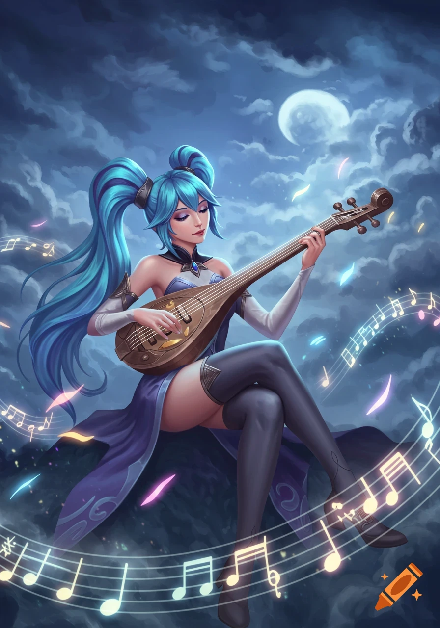 Anime-style fantasy woman with blue pigtails plays a stringed instrument under a moonlit sky, surrounded by musical notes.