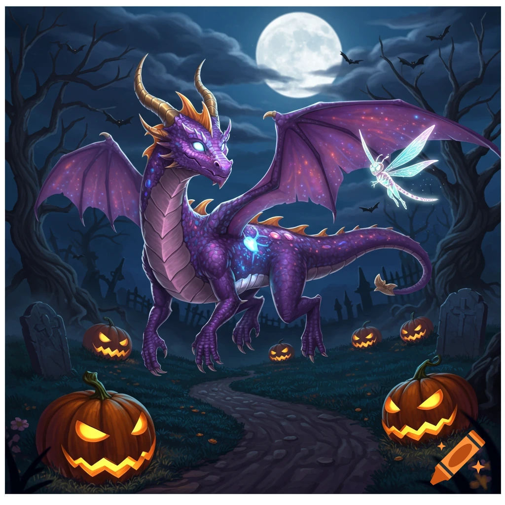 A purple dragon and a glowing dragonfly on a Halloween pathway with jack-o'-lanterns and graves under a full moon.