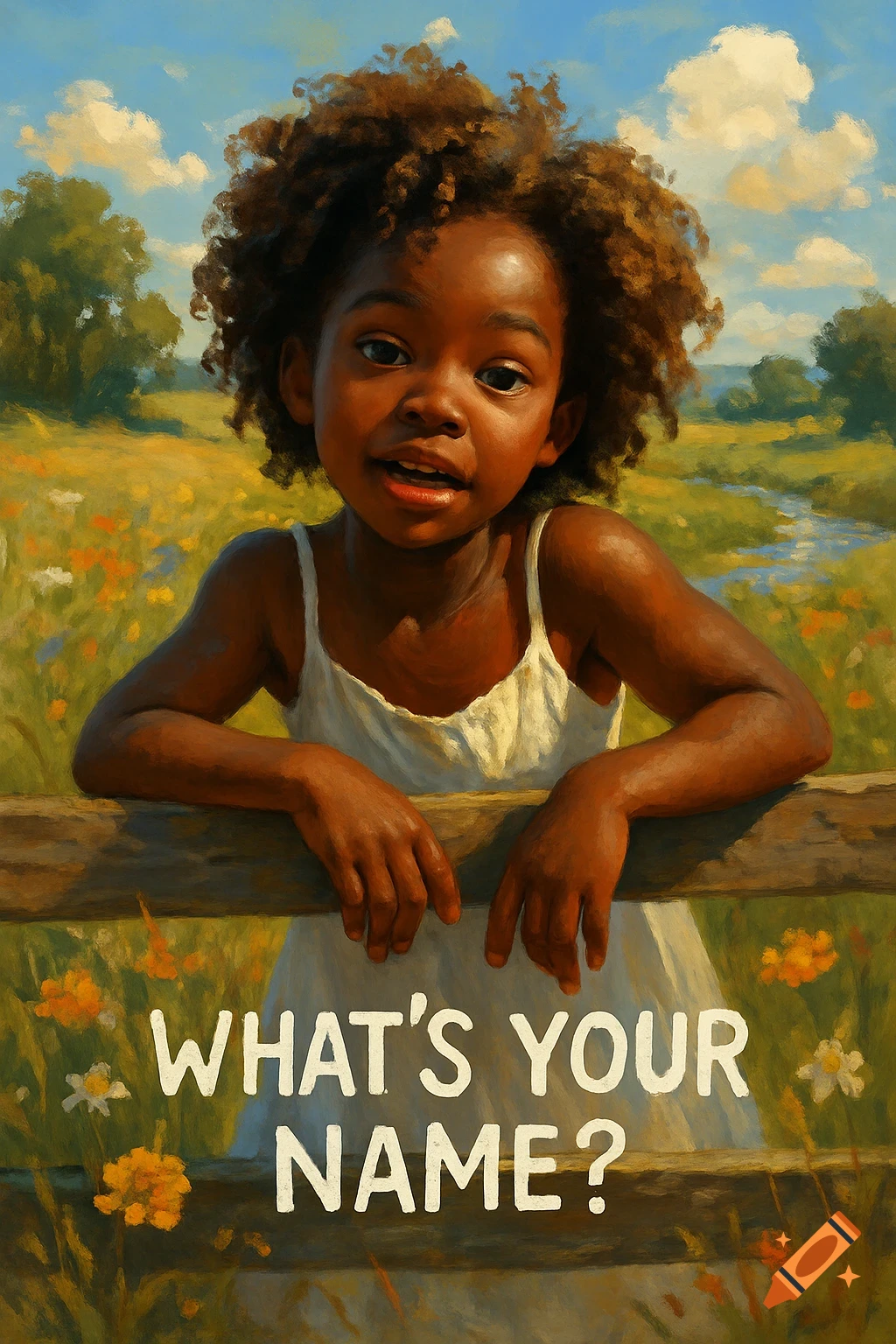 A painting of a smiling young Black girl with curly hair, leaning on a wooden fence in a sunny meadow. Text "WHAT'S YOUR NAME?" is overlayed.