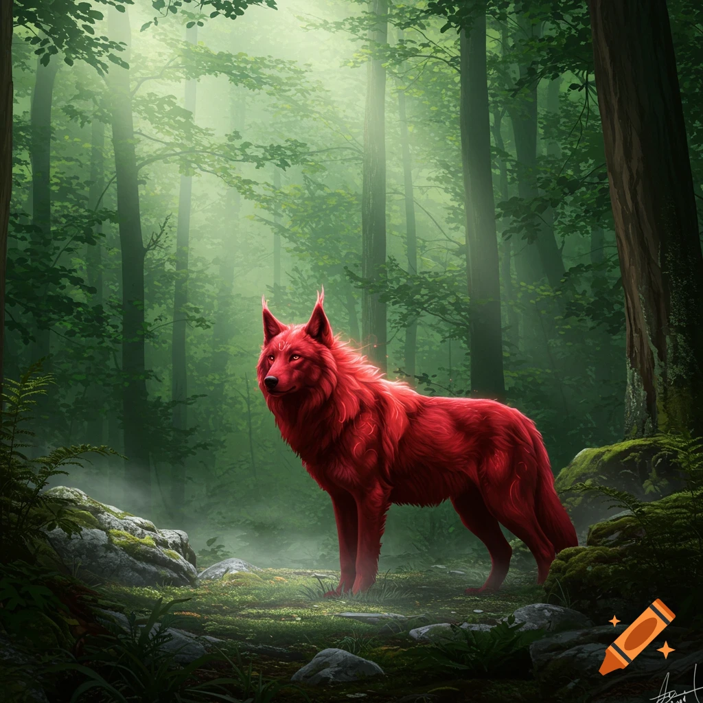 A vibrant red wolf with glowing eyes stands majestically in a mystical, foggy forest with lush green foliage.