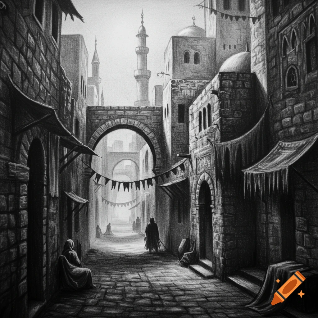 Black and white charcoal drawing of a narrow, arched street in an old Arabic city with domed buildings and robed figures.