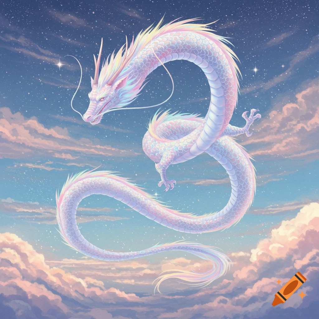 Iridescent Chinese dragon soaring through a pastel blue and pink cloudscape with sparkling stars, digital art.