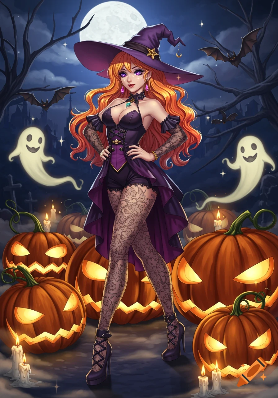 Anime witch with orange hair and purple outfit stands among glowing jack-o'-lanterns, ghosts, and bats under a full moon.