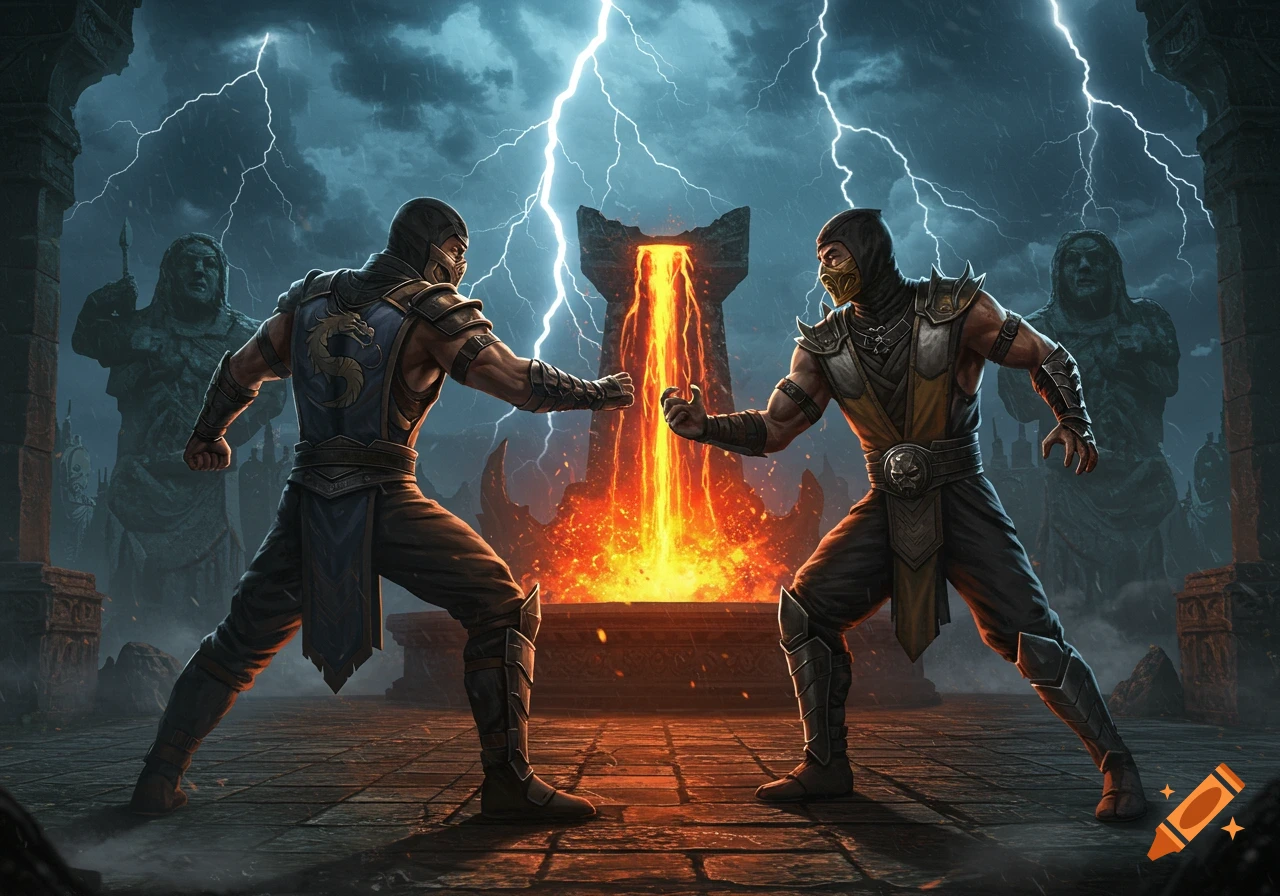 Two masked fighters in blue and yellow gear face off in a dramatic, lightning-storm arena with a fiery pit, like Mortal Kombat characters.
