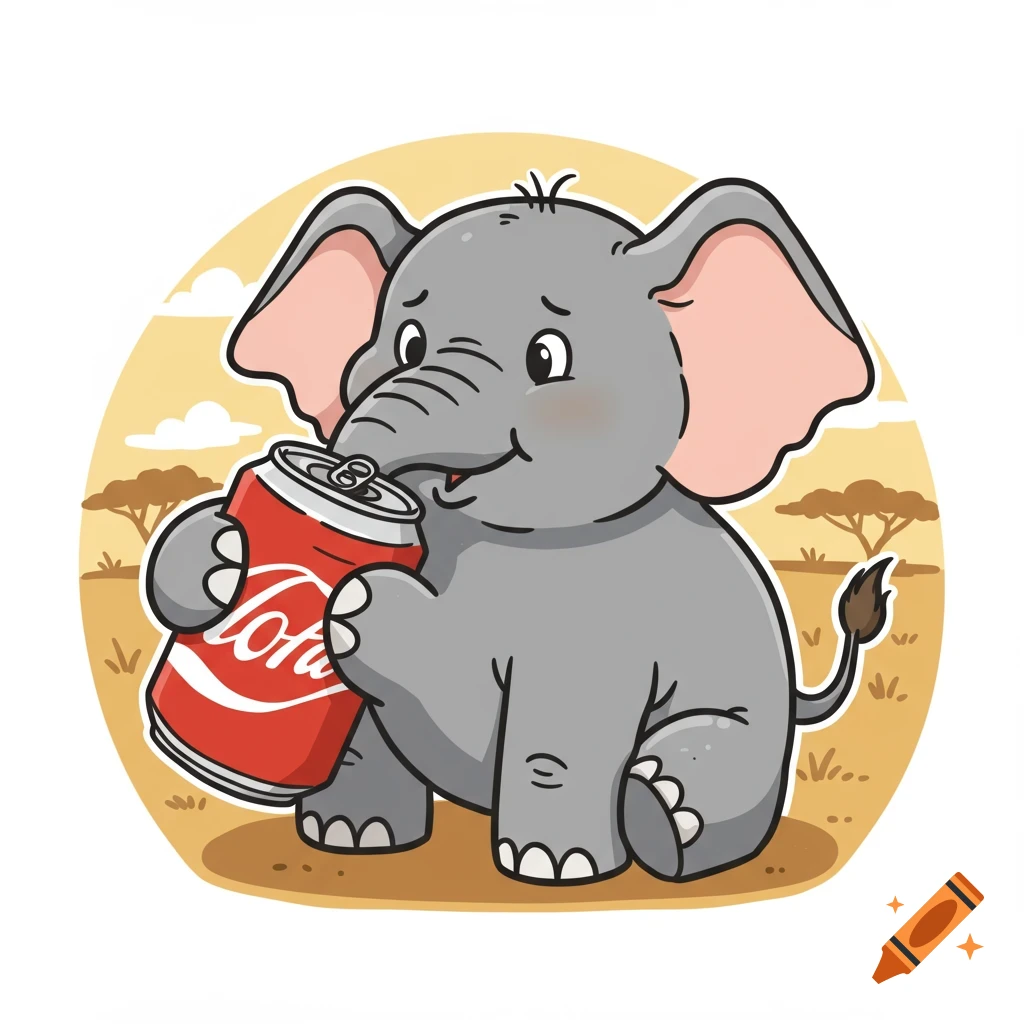 Cute cartoon baby elephant happily sips from a red soda can in a savanna setting.
