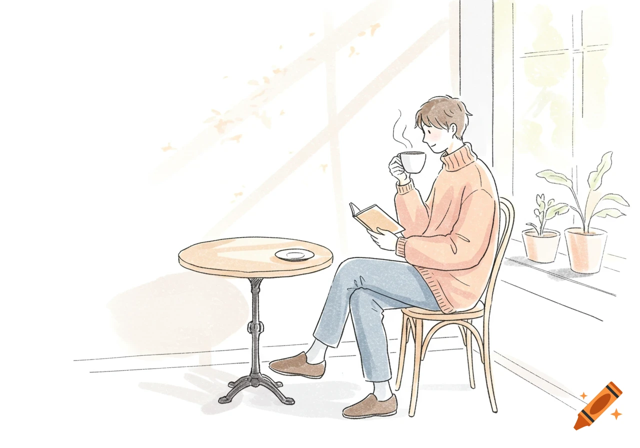 Hand-drawn illustration of a person drinking coffee and reading a book at a small cafe table by a window.
