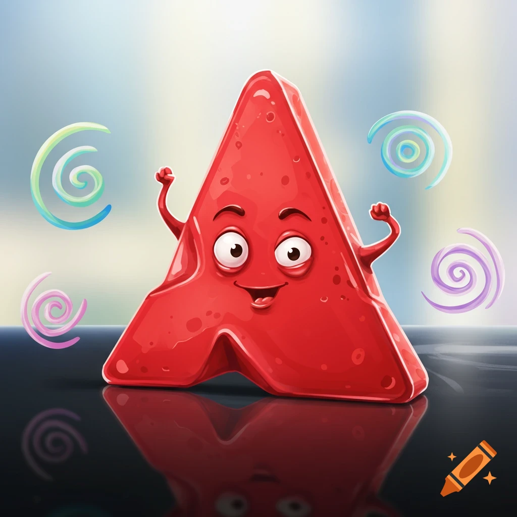 Humorous illustration of a red, smiling, flexing character shaped like a warning triangle, with colorful swirls on a reflective surface.
