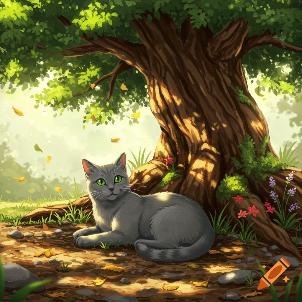 A fluffy grey cat with bright green eyes lies on a sun-dappled forest floor under a large, leafy tree.