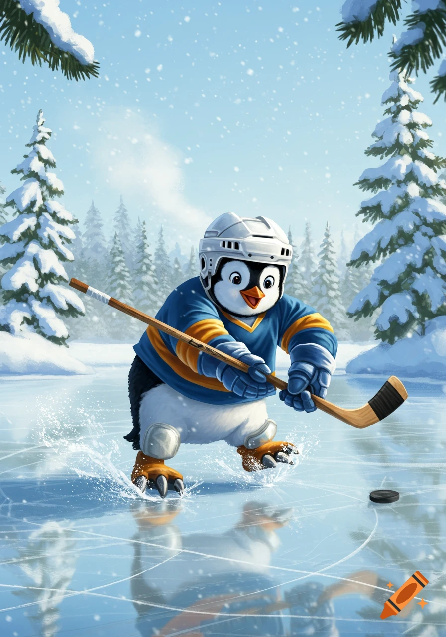 A cute cartoon penguin in blue and gold hockey gear skates on ice, stick in hand, with a puck nearby and snowy trees in the background.