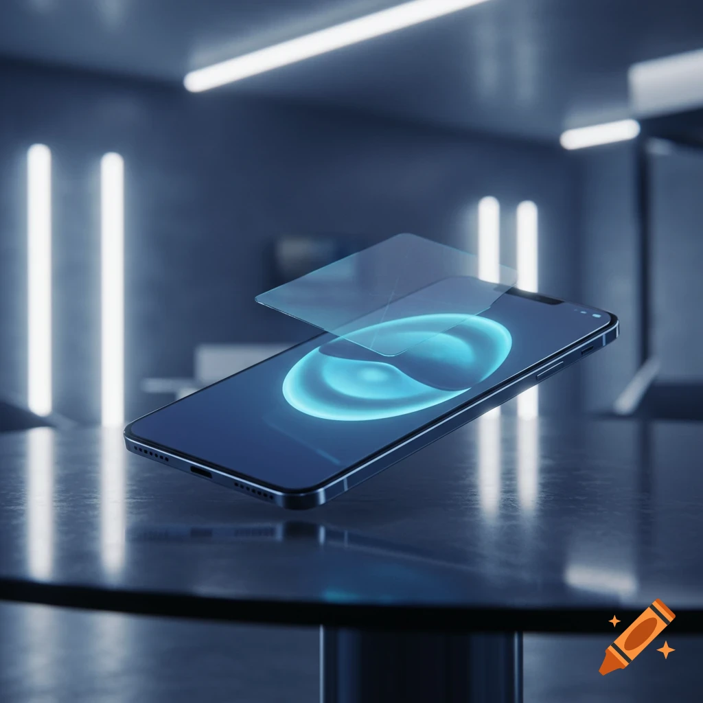 A photorealistic smartphone with a glowing blue screen and a floating screen protector on a reflective table in a modern room.