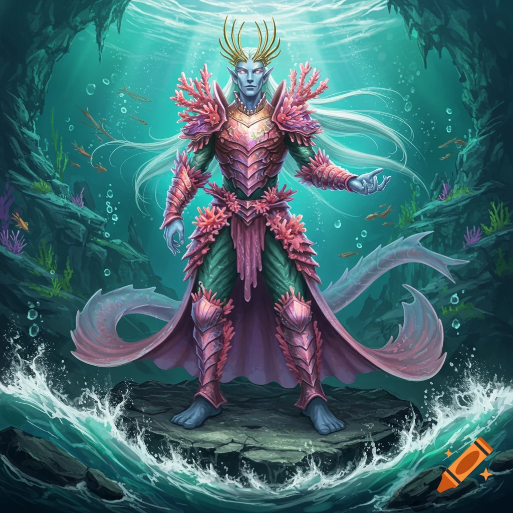 Blue-skinned sea elf in pink coral armor stands on a rock in an underwater cave with light rays from above.
