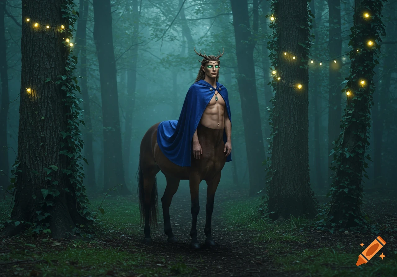 A majestic male centaur with antlers and glowing eyes, wearing a blue cape, stands in a misty forest adorned with string lights.