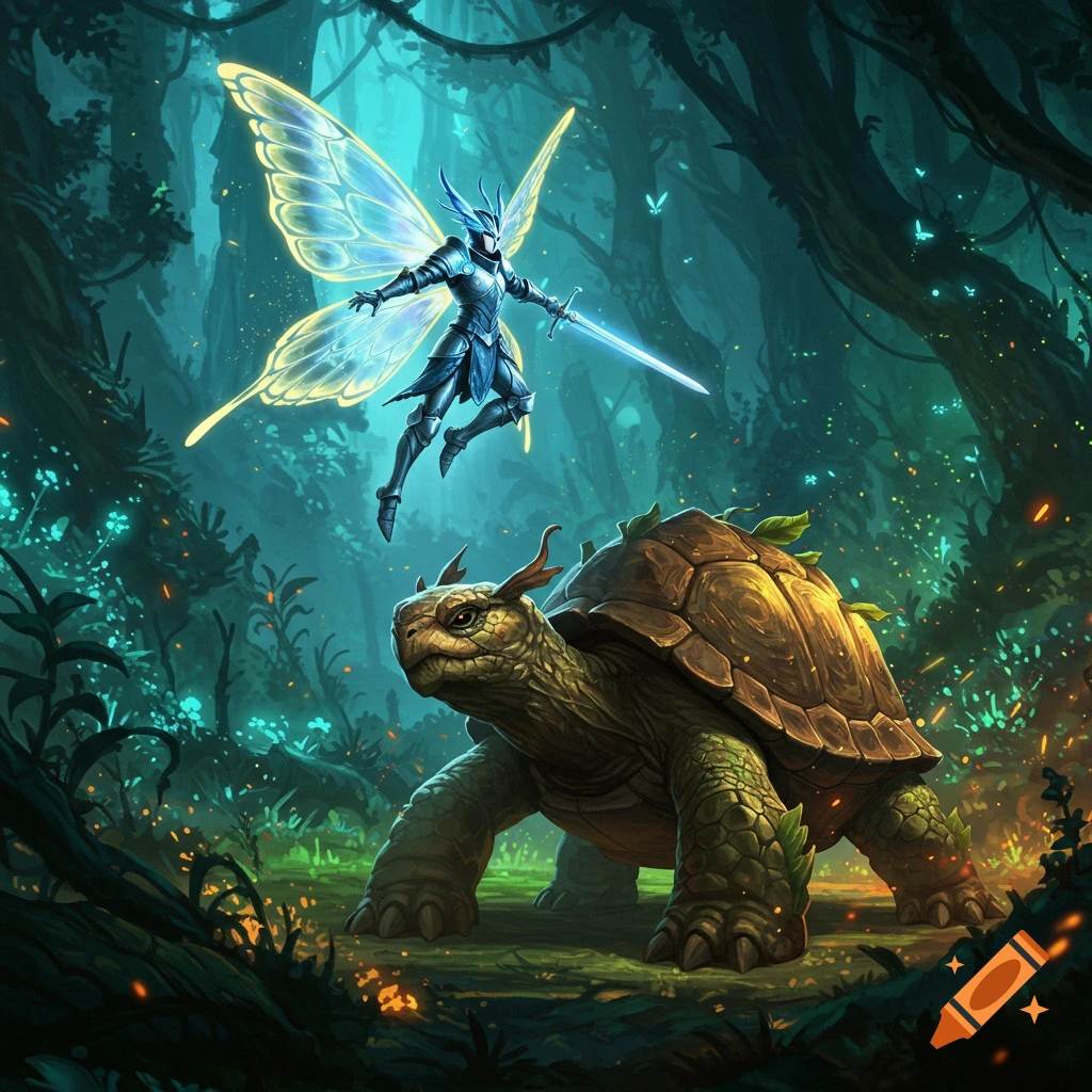 A fairy knight with glowing wings and sword flies over a giant tortoise creature in a vibrant, mystical forest, digital art.