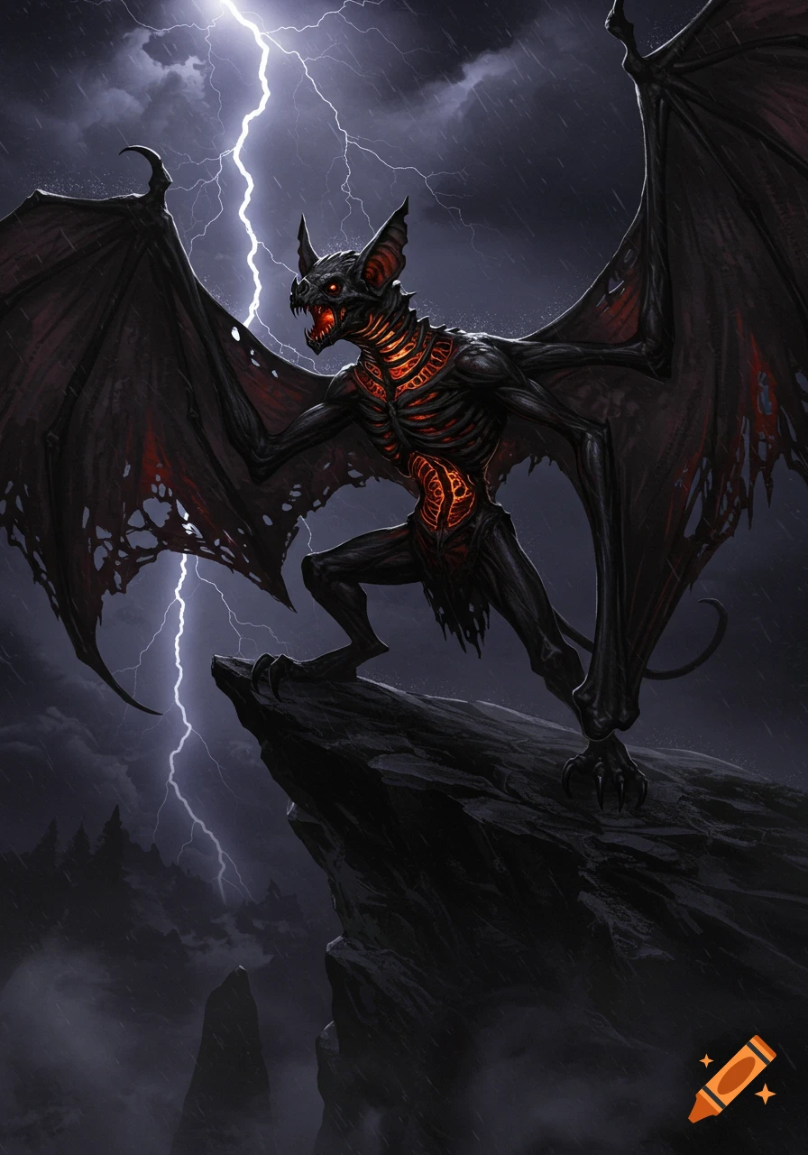 A dark bat-like monster with glowing ribs stands on a cliff during a lightning storm.